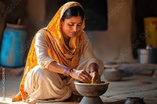 Indian woman wearing a traditional dupatta, sitting on the floor and grinding spices with a stone mortar and pestle, in a modest rural kitchen.