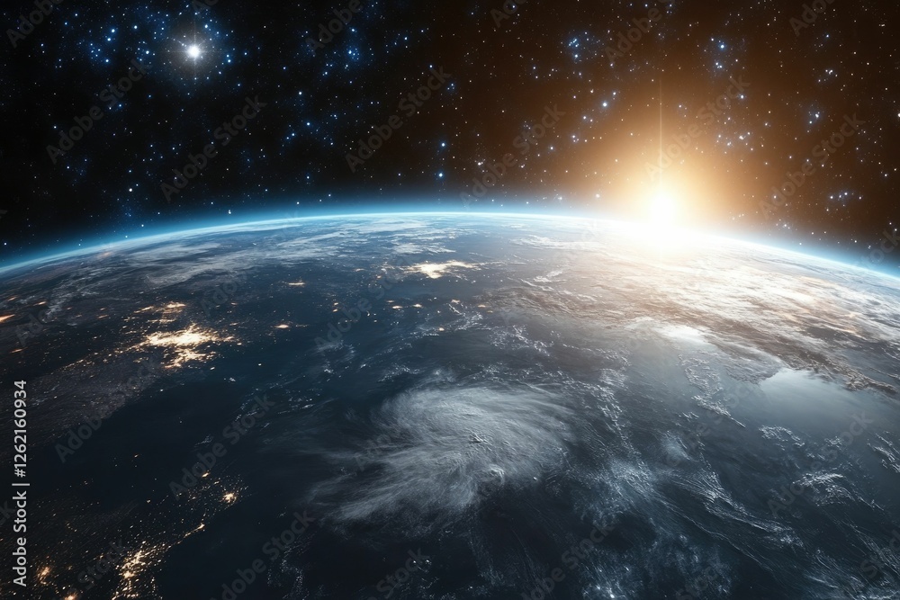 Fototapeta premium Planet Earth, sunrise, stars, clouds, space.