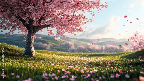 Wallpaper Mural Solitary cherry blossom tree on a grassy hillside with petals drifting in the wind. A poetic and serene landscape with mountains in the distance. Generative AI. Torontodigital.ca