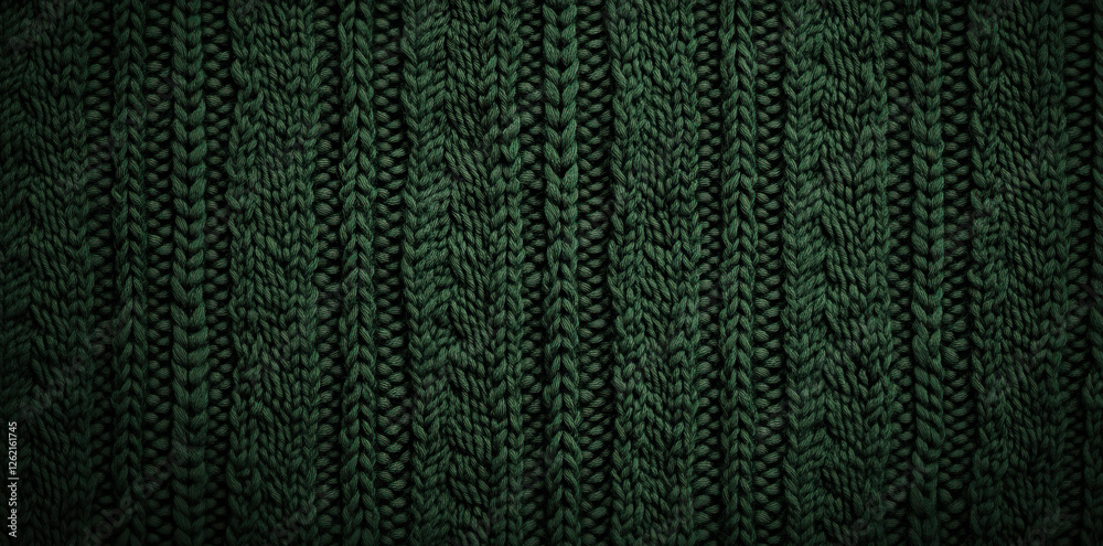 Fototapeta premium Detailed Close Up of a Deep Green Knitted Fabric Texture Showing Vertical Cable Knit Pattern