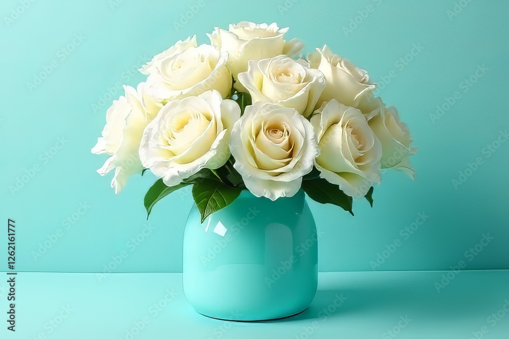 Beautiful White Roses in Teal Vase - Elegant Floral Arrangement Beautiful White Roses in Teal Vase - Elegant Floral Arrangement