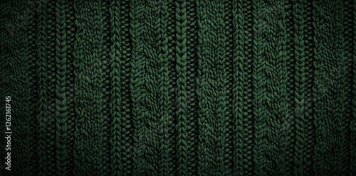 Detailed Close Up of a Deep Green Knitted Fabric Texture Showing Vertical Cable Knit Pattern