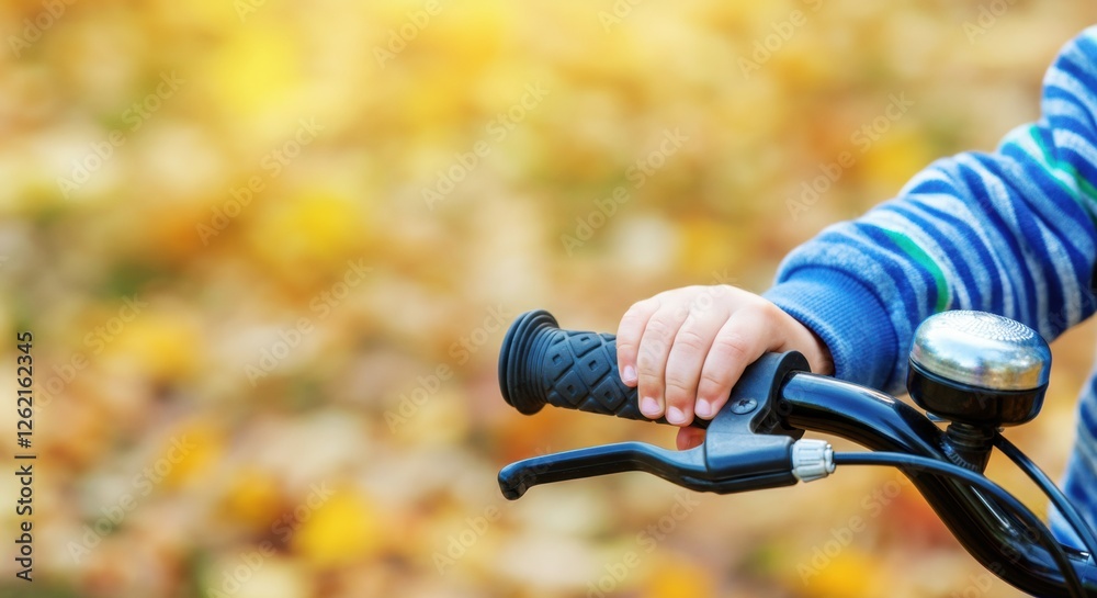 Obraz premium Child's hand gripping a bicycle handlebar in a colorful autumn setting