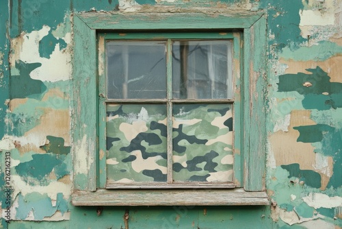 Distressed window with green peeling paint and camouflage pattern