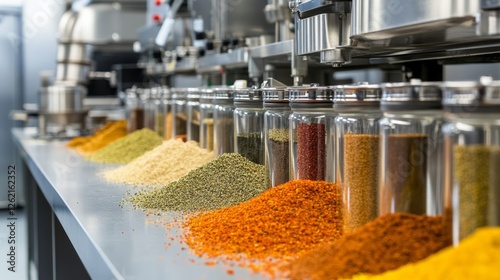 A seasoning innovation lab where food scientists create new flavor profiles, surrounded by state-of-the-art equipment,