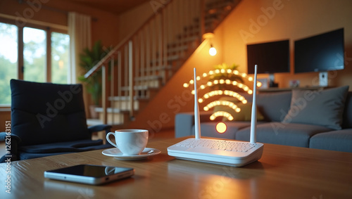 cozy living room with wooden interior elements. In the foreground there is a wooden table on which there is a laptop, a router, a cup of coffee and a smartphone.