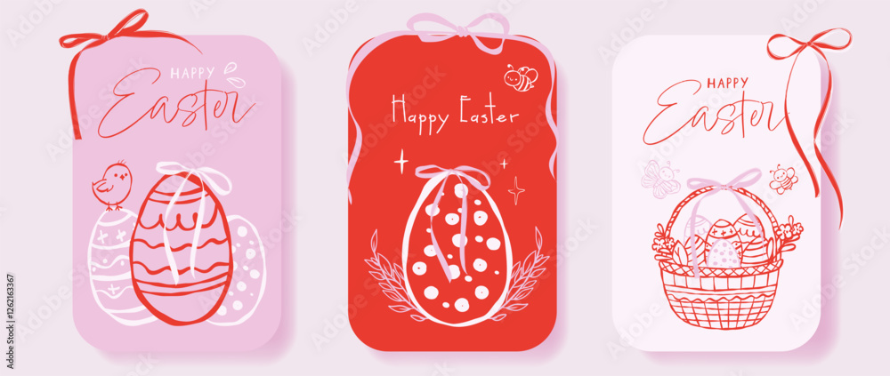 Fototapeta premium Set of coquette vintage Easter greeting cards. Hand drawn whimsical frames with ribbons and bows. Cute bunnies, flowers, leaves, eggs, and basket. Template for greeting, poster, or banner.