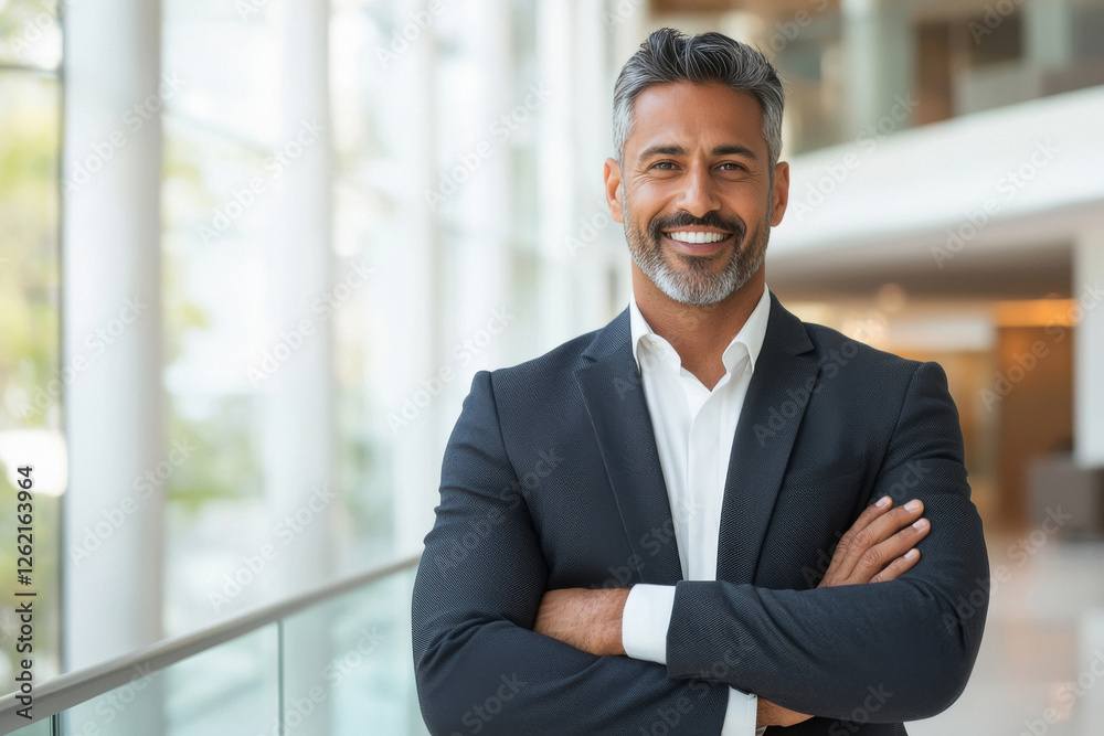 happy indian businessman standing at office happy indian businessman standing at office