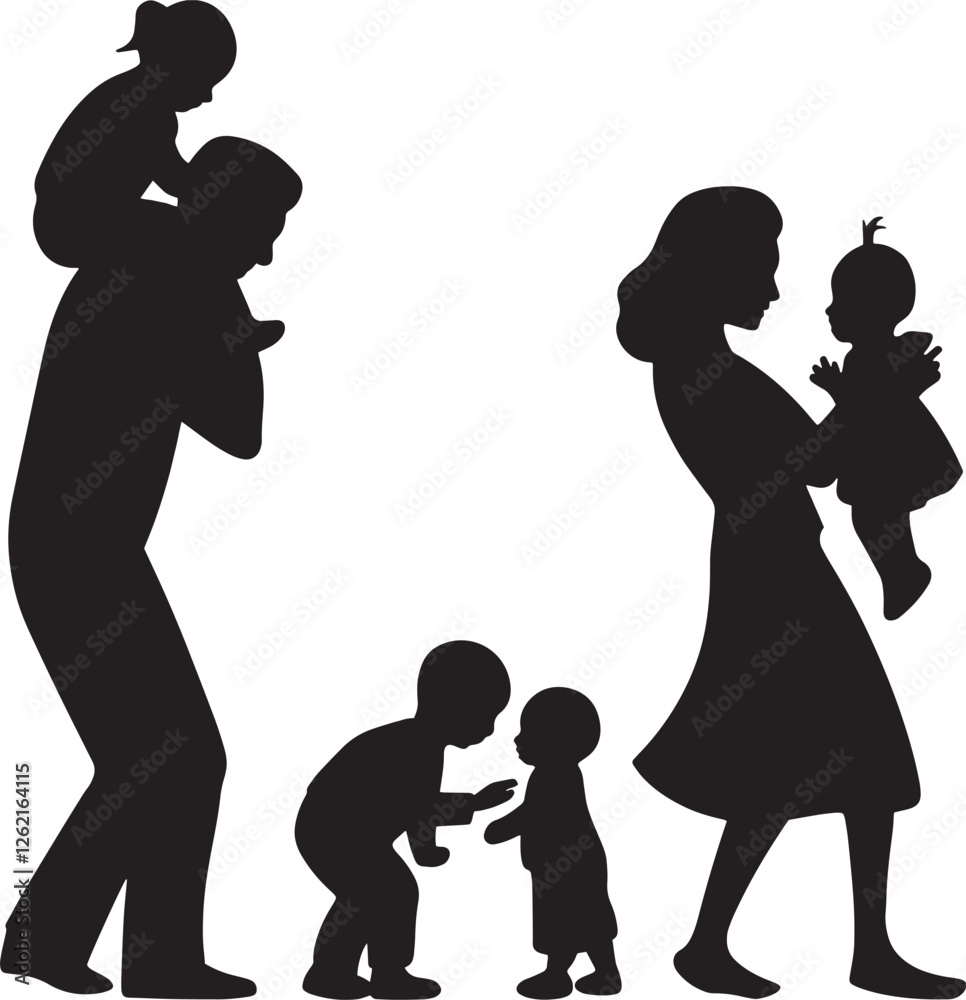 Parents and children playing vector silhouette Parents and children playing vector silhouette