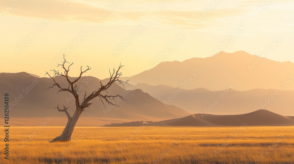 Obraz premium Lone dead tree in desert sunrise, mountains backdrop, nature peace