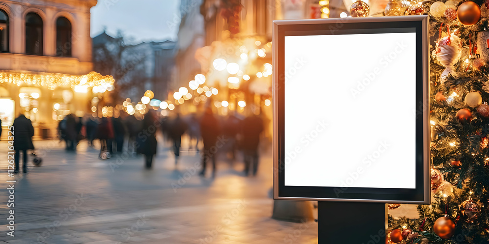 Digital screen mockup embedded in a kiosk, softly lit in a festive public square for advertising. Digital screen mockup embedded in a kiosk, softly lit in a festive public square for advertising.