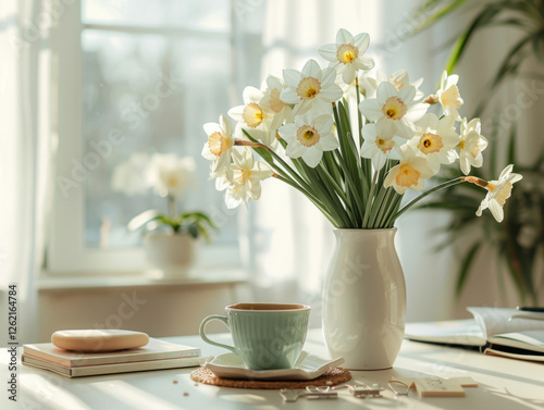 minimalist Home office, interior for bloggers workplace with white daffodils in a vase