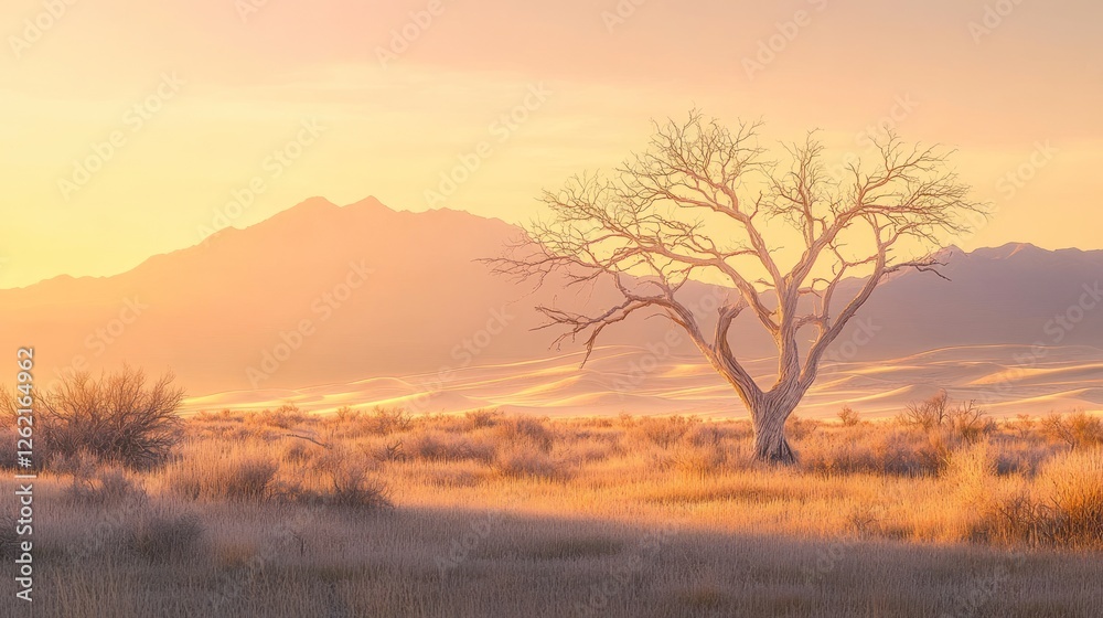 Obraz premium Sunrise over desert landscape, lone tree, mountains