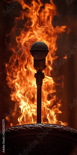 photo of a podium and microphone against a fiery backdrop. vertical size photo