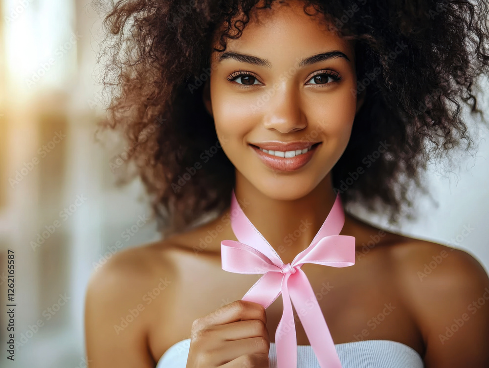 Smiling young woman is holding a pink ribbon, symbolizing hope and support for breast cancer awareness