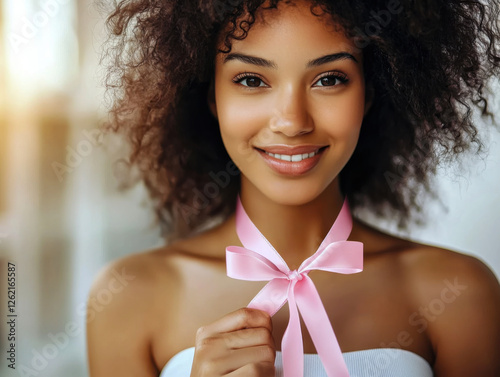 Obraz na płótnie Smiling young woman is holding a pink ribbon, symbolizing hope and support for breast cancer awareness w salonie