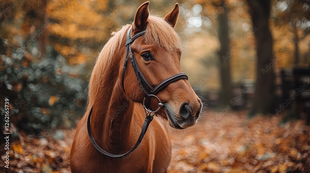 Fototapeta premium Chestnut horse in autumnal woods.