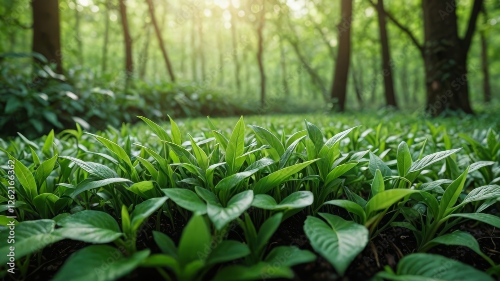 Fototapeta premium Sunlit green plants in a tranquil forest, showcasing a vibrant and serene natural setting