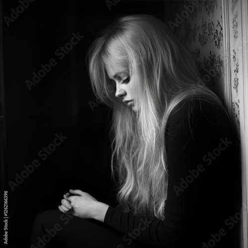 Contemplative Woman Leaning Against Floral Wallpaper in Monochrome Portrait Deep in Thought photo