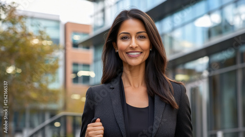 young indian business woman standing in front of office building