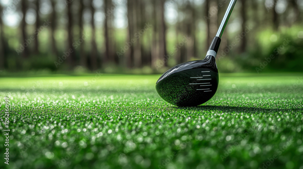 Close up of black young woman playing golf on green grass and hitting ball with club aiming for perfect shot