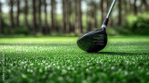 Obraz na płótnie Close up of black young woman playing golf on green grass and hitting ball with club aiming for perfect shot w salonie