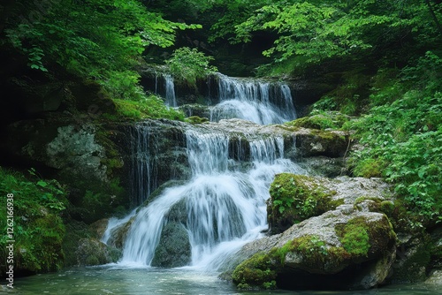 Cascading waterfall surrounded by lush greenery at a serene location in nature, ISM4LS