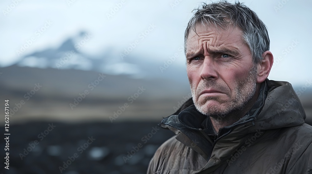 Weathered Man Standing Alone in Desolate Landscape, Reflecting Deep Anguish Weathered Man Standing Alone in Desolate Landscape, Reflecting Deep Anguish