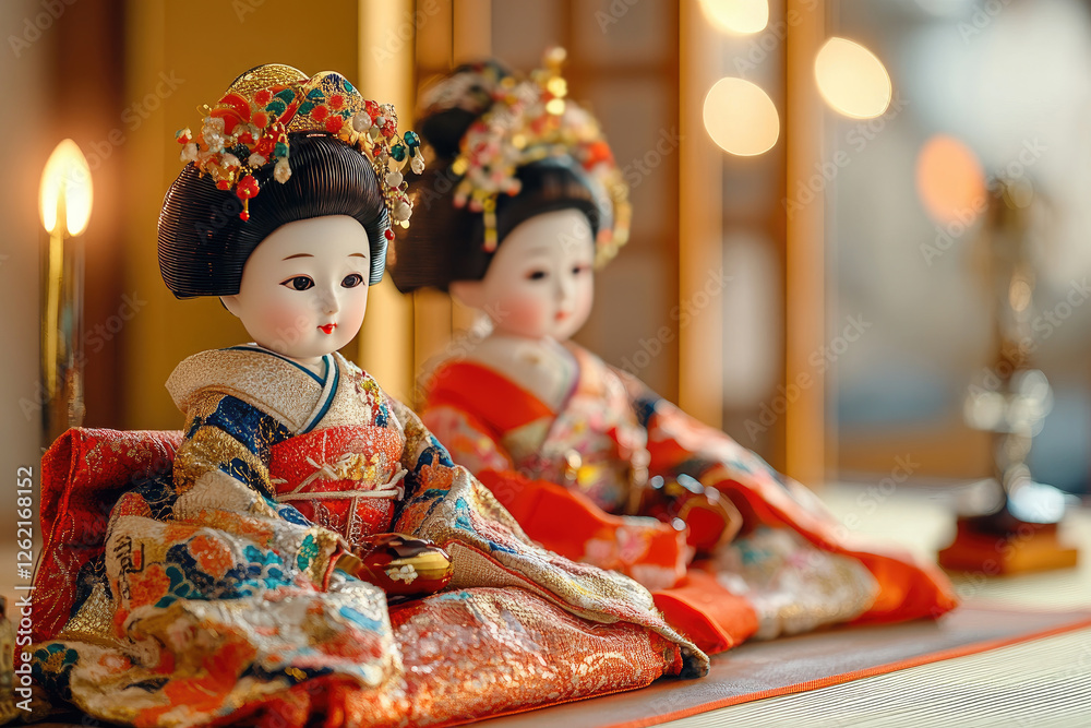 Hinamatsuri display with tiered hina dolls and cherry blossom decorations in a traditional Japanese home. Girls' Day celebration, prayers for the health and happiness of girls with festive decorations Hinamatsuri display with tiered hina dolls and cherry blossom decorations in a traditional Japanese home. Girls' Day celebration, prayers for the health and happiness of girls with festive decorations