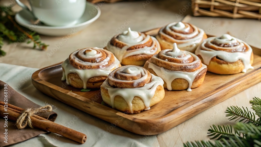 Fototapeta premium Delicious glazed cinnamon rolls topped with icing on wooden tray
