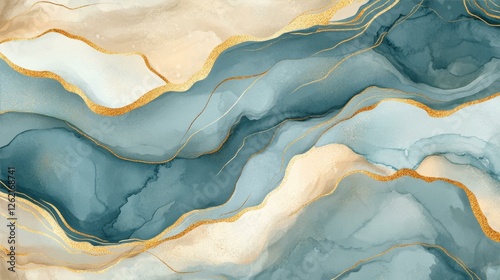 Wallpaper Mural Fluid Art Waves of Teal Blue and Beige with Gold Accents Sophisticated Abstract Background Design Torontodigital.ca