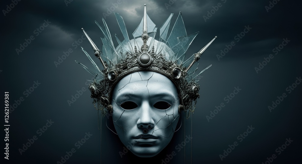Intricate broken mask and crown in dark stormy atmosphere Intricate broken mask and crown in dark stormy atmosphere