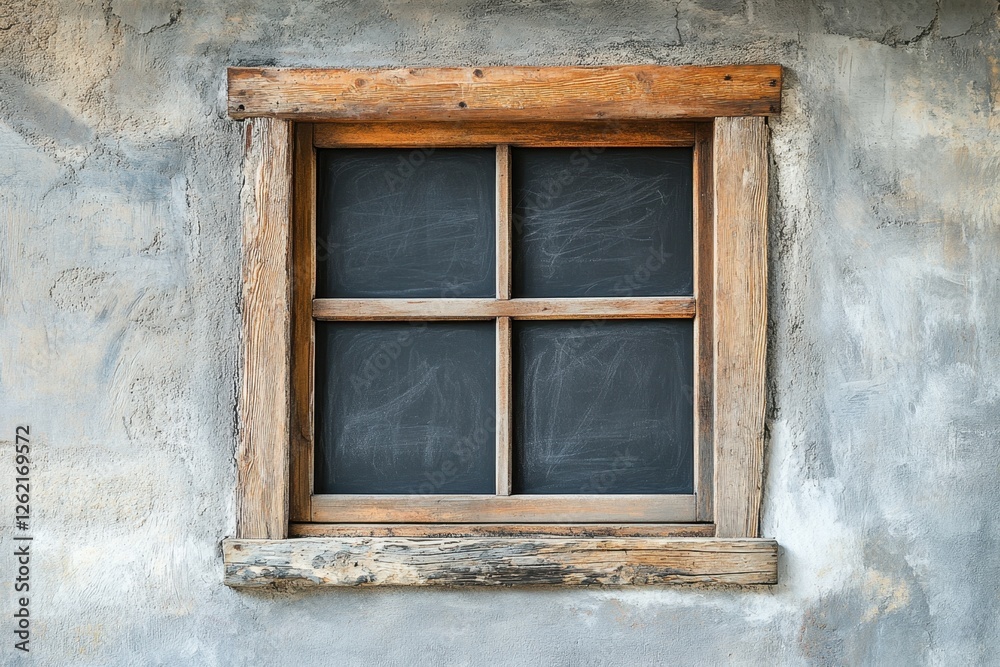 Fototapeta premium Rustic wooden window frame against a textured concrete wall