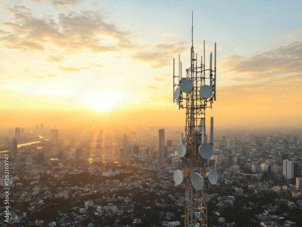 Telecommunication tower cellular network antenna on city background