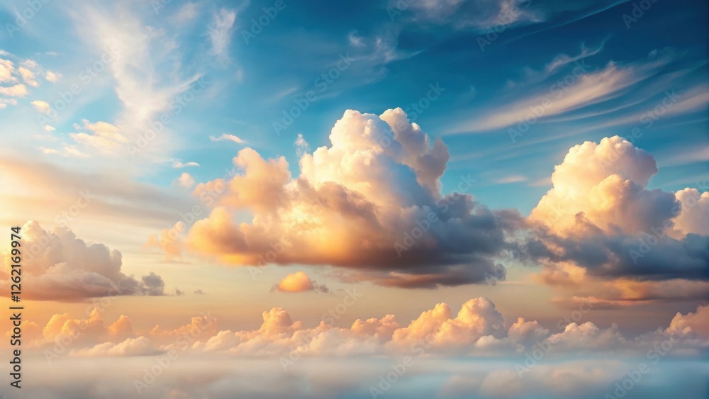 Fototapeta premium A Serene Panorama of Sunset Cloudscape, Illuminating the Heavens with Golden Hues and Soft, Pastel Colors, Creating a Breathtaking View Above the Earth