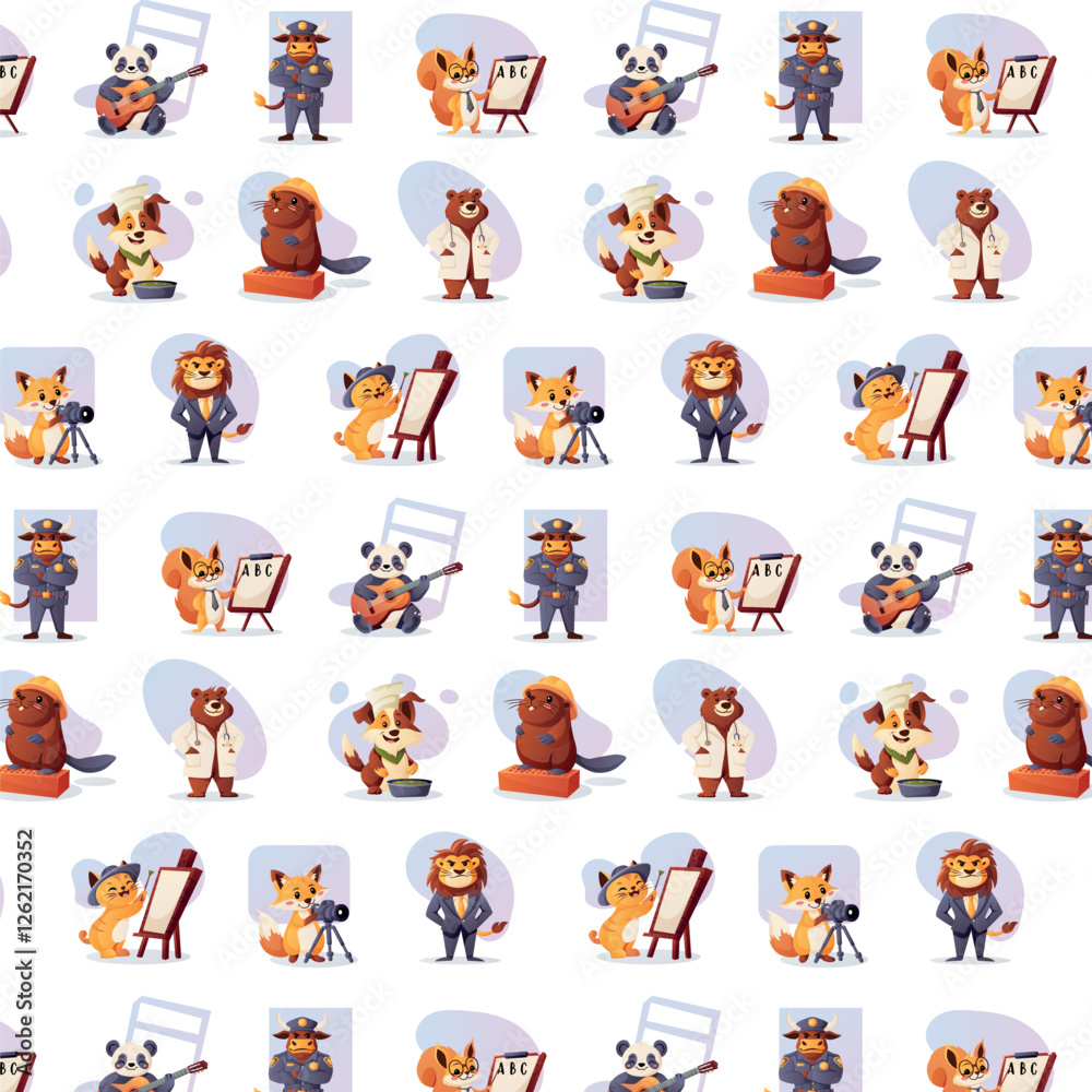 Fototapeta premium Colorful seamless vector pattern featuring cute animals in various professions including artists, musicians, scientists, and police officers 