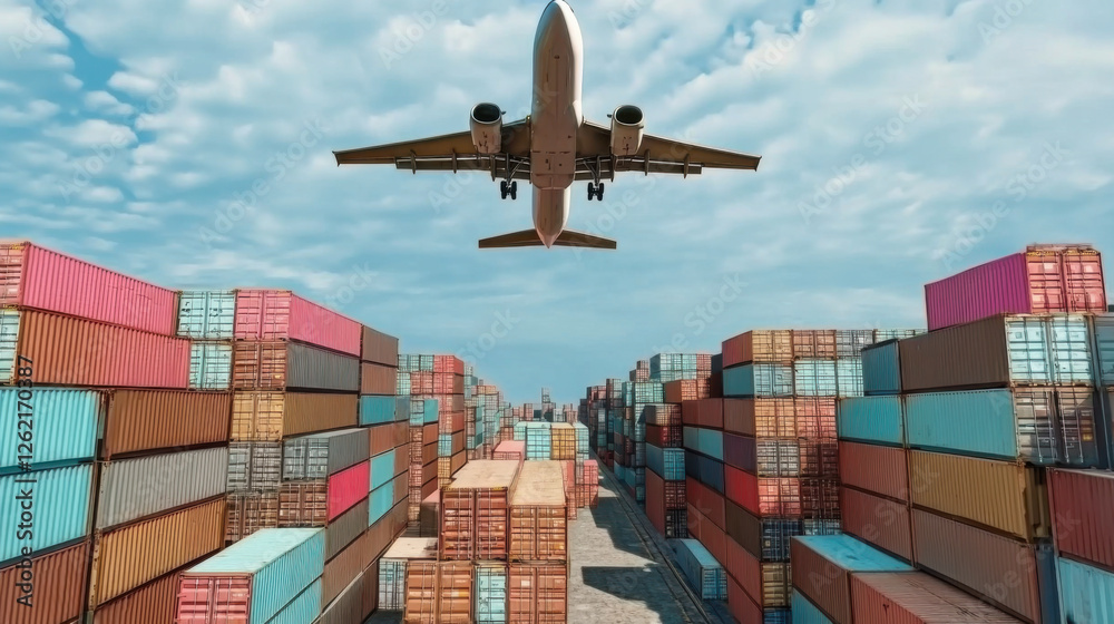 Airplane flying above container logistic
