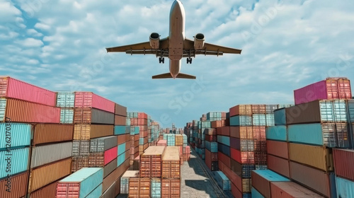 Obraz na płótnie Airplane flying above container logistic w salonie