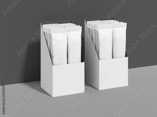 Photography White Blank Sachet Packaging with Display Box Mockup 3D Rendering