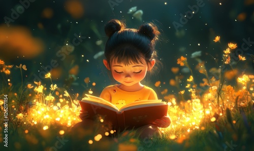 little girl reading a book ,Children's literature, Generative AI