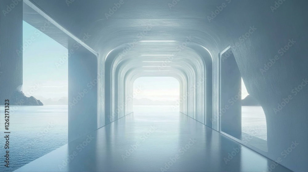 Fototapeta premium Serene Futuristic Corridor Tunnel with Sea View Interior Design Modern Architecture Coastal Dreamscape