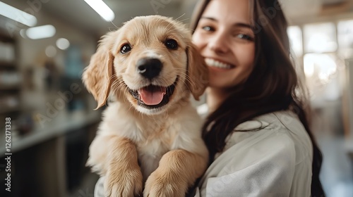 Wallpaper Mural Happy Pet Owner Cuddling Cheerful Puppy in Veterinary Clinic Setting Torontodigital.ca