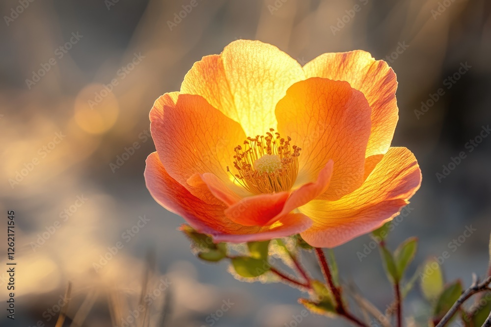 Fototapeta premium A single, vibrant orange flower blossoms in the warm sunlight, showcasing delicate petals and intricate details.