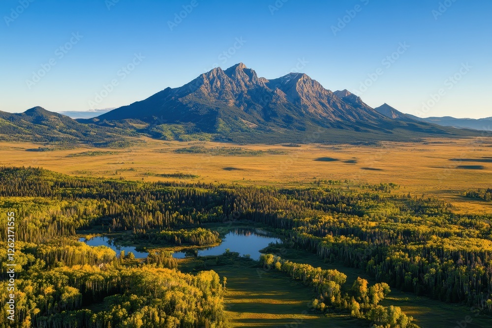 Naklejka premium Breathtaking sunrise view of Mount Moran summit in the Rockies, USA revealing vibrant landscape, Aerial sunrise view Mount Moran summit Rockies USA