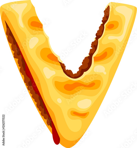 Fast food quesadilla meal cartoon ABC font letter V. Fastfood snack cartoon ABC alphabet letter, street cafe menu appetizer vector typeset symbol or takeaway meal English font typeface element