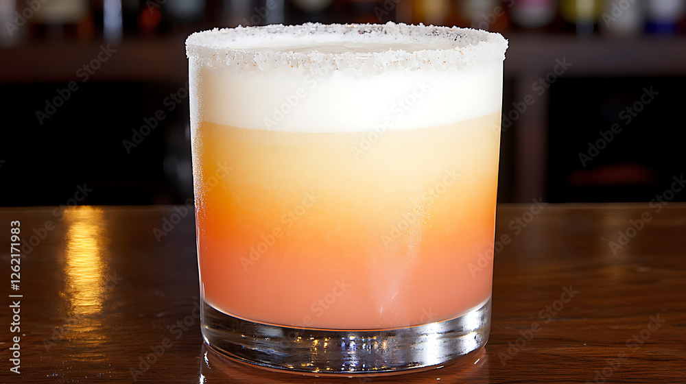 Refreshing Layered Cocktail with Salt Rim on Polished Wood Bar Top Displays Craft Beverage Artistry Refreshing Layered Cocktail with Salt Rim on Polished Wood Bar Top Displays Craft Beverage Artistry