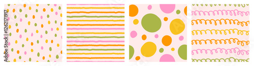 Colorful seamless pattern set of hand drawn curved lines, spirals, dots and texture strip. Trendy vector design with abstract shapes, simple and playful doodle wallpaper print