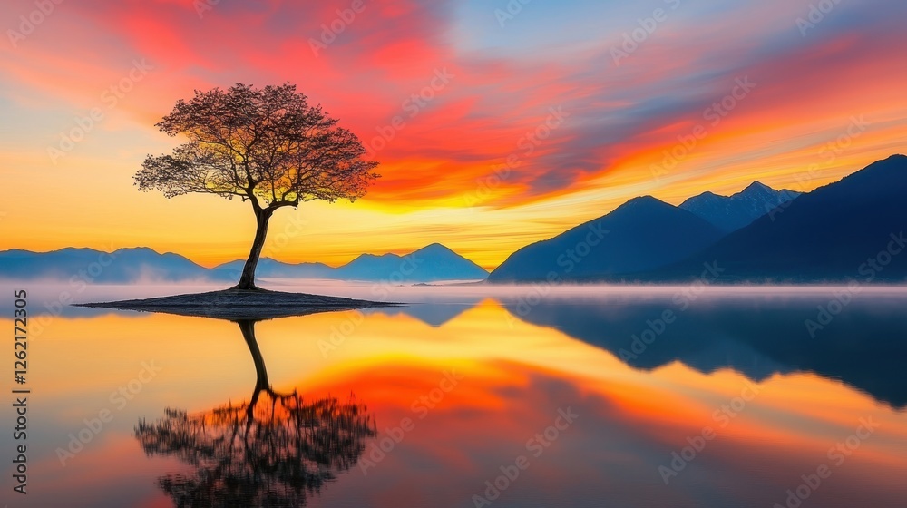 Solitary Tree Reflecting In Calm Lake At Sunrise Solitary Tree Reflecting In Calm Lake At Sunrise