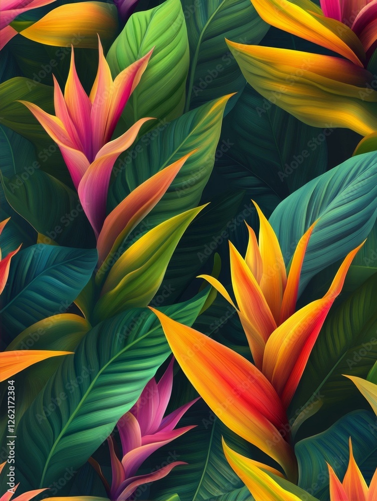 custom made wallpaper toronto digitalTropical Bird of Paradise Flowers Blooming Amid Lush Green Foliage Jungle Artistic Illustration