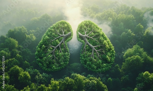 Green lung forest in a shape of lungs. healthy lungs fresh air concept, Generative AI